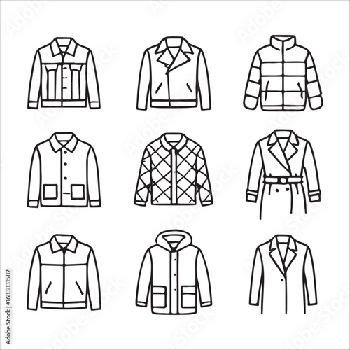 Line art drawing of various types of men and women jackets and coats fashion apparel for seasonal wear for online sales and marketing
