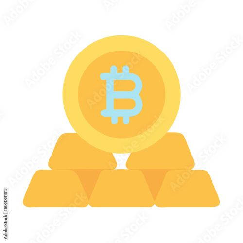 Digital bitcoin coin on top of golden bars stack