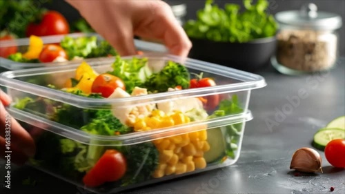 Prepared colorful vegetable salad in plastic containers