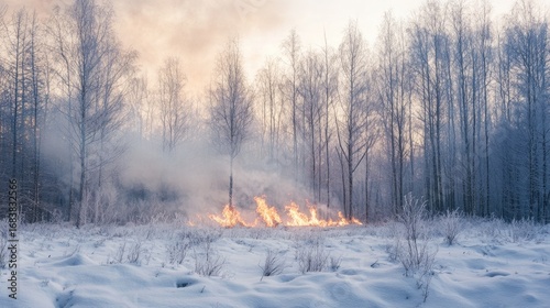 Smoke and Fire in Snowy Winter Forest at Dawn Light