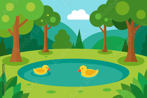 A serene cartoon scene of a forest pond with ducks vector illustration