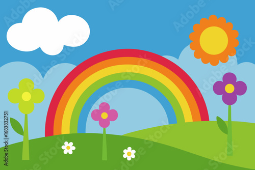 A beautiful cartoon scene of a flower meadow with a rainbow vector illustration