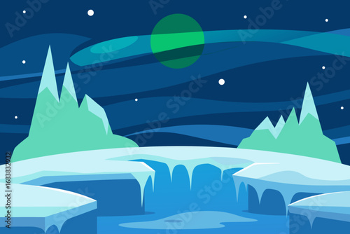 A cartoon illustration of a frozen tundra with an aurora vector illustration