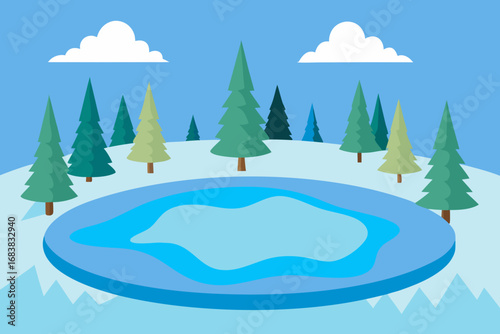 A simple cartoon of a frozen lake with pine trees vector illustration