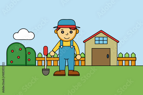 A lush cartoon scene of a gardener's yard vector illustration