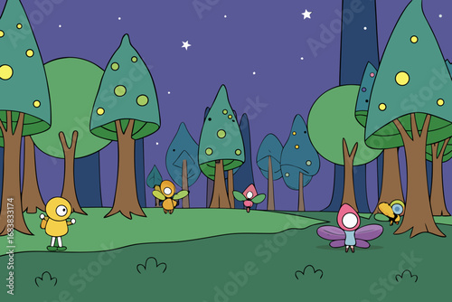 A magical cartoon background of a glowing forest with fairies vector illustration
