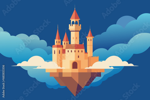 A simple cartoon illustration of a floating castle in the clouds vector illustration