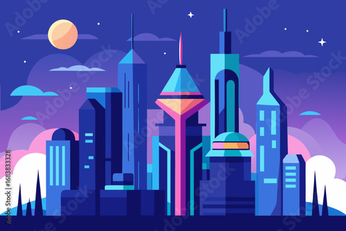A cartoon futuristic city background with tall skyscrapers vector illustration