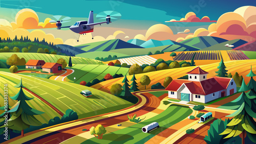 very beautiful Farm landscape, agricultural fields, beautiful countryside, country road. Nature Illustration, photorealistic top view drone, horizontal 