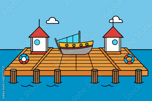 A simple cartoon background of a fishing dock with boats vector illustration