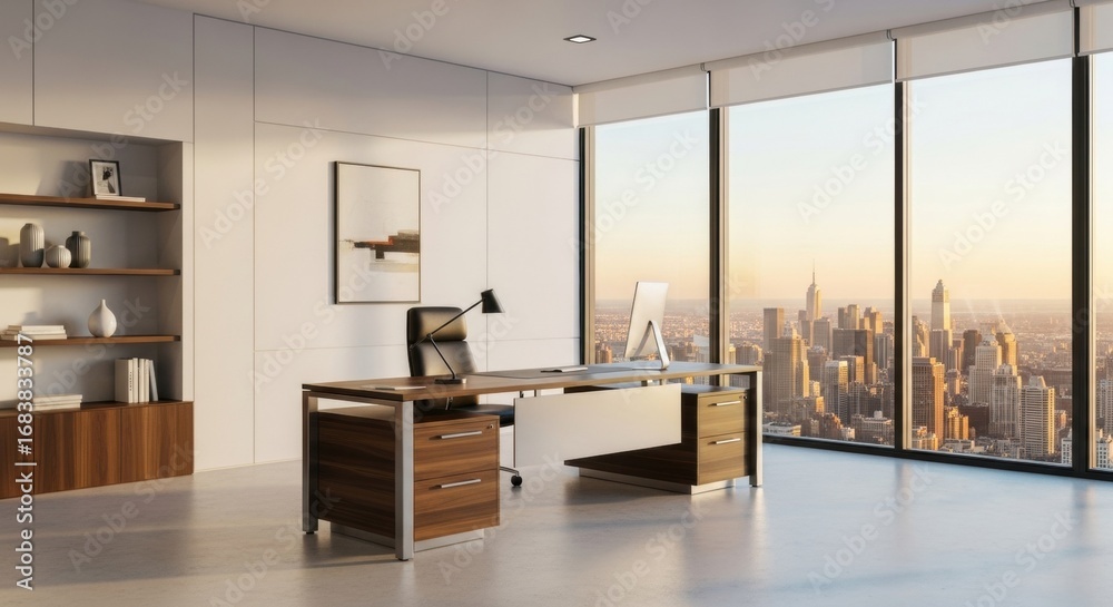 Fototapeta premium Modern luxury executive office with a large desk and chair overlooking a stunning city skyline at sunset. Ideal for business, corporate, and finance concepts.