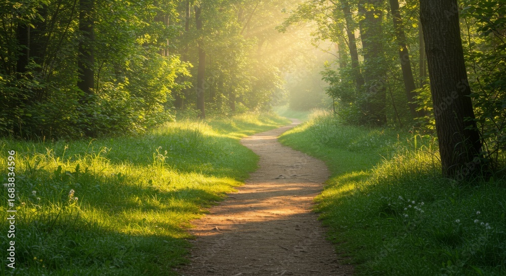 Obraz premium Sunlit Path Through Lush Green Forest