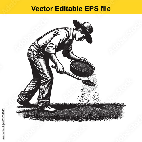 Farmer sowing seeds with a sieve and shovel in a vintage illustration style