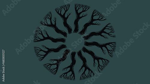 Mysterious dark forest branches form a circular pattern creating a sense of natural wonder and intrigue