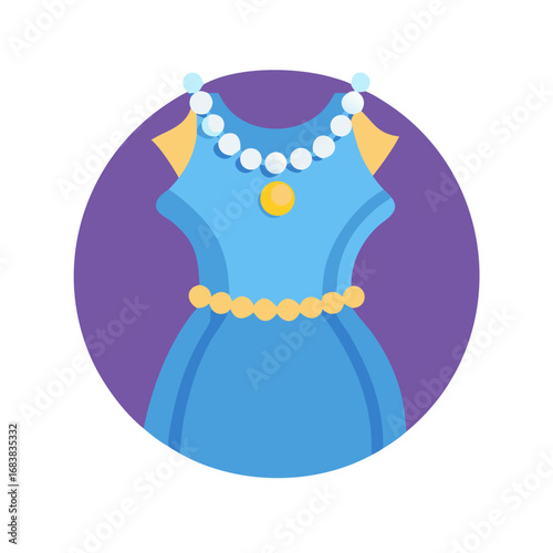Elegant blue dress with pearl necklace fashion illustration