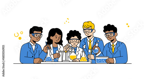 Diverse group of students in lab coats conducting science experiment together in classroom