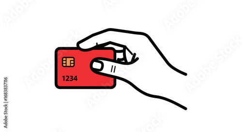 Hand holding a red credit card for contactless payment or transaction isolated on white background simple illustration