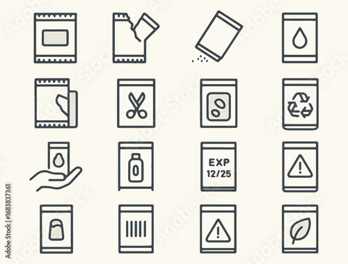 Minimalist Packaging Instruction Icons – Sachet Handling, Opening Methods, Liquid Contents, Expiry, Recyclability, Caution Symbols, Personal Use, Eco-Friendly Labels, Black Line Style