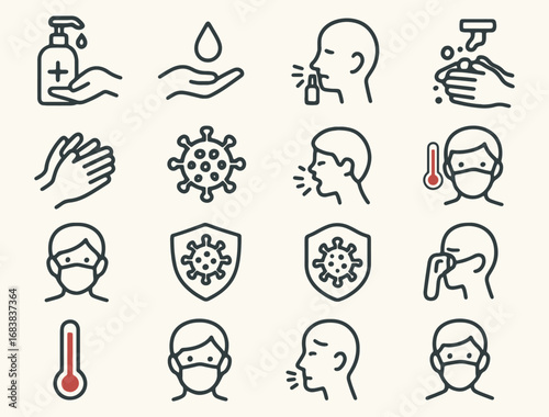 Minimalist Hygiene & COVID-19 Icons – Health Safety, Hand Washing, Mask Wearing, Virus Protection, Symptoms, Temperature Check, Sanitizer, Coughing, Sneezing, Black Line Style for Public Awareness