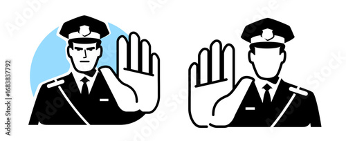 Police officer stop gesture symbol or icon. Security control, policeman emblem