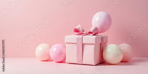 A Pink Gift Box with Delicate Ribbon and Pastel Balloons on a Soft Pink Background