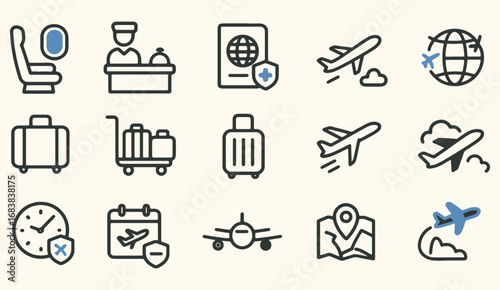 Minimalist Travel & Airplane Icons – Tourism, Booking, Flight Schedule, Passport, Luggage, Hotel, Travel Insurance, Global Journey, Airplane Motion, Black & Blue Line Style for UI & Print