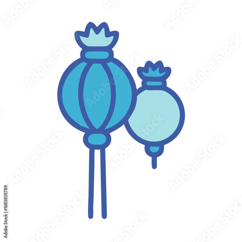 Two stylized poppy seed pods in cool blue tones