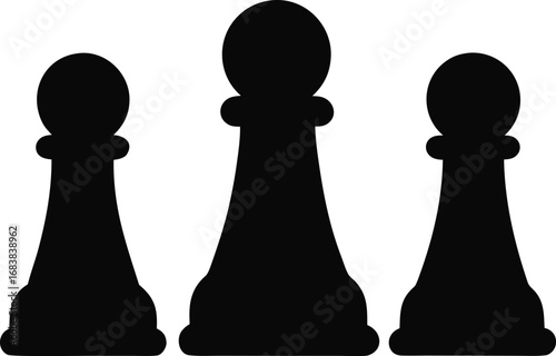 Three black chess pawns on white surface vector illustration transparent background