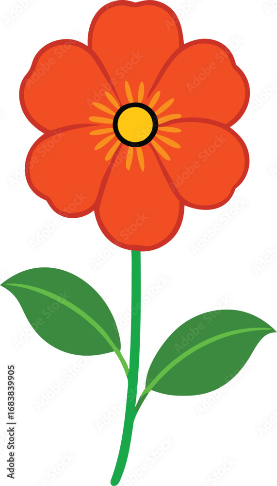 Obraz premium Scalable vector illustration of a single orange calibrachoa flower with green stem and leaves transparent background