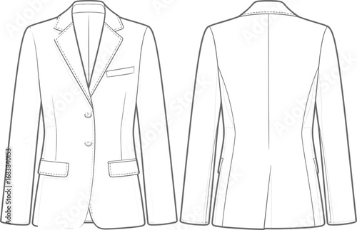 Technical fashion flat sketch of tailored blazer jacket front and back view, vector apparel design template for garment construction and pattern making