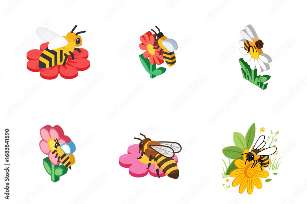 Fototapeta premium Bees flying and sitting on flowers, symbolizing pollination and nature's harmony.