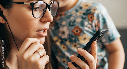 Woman with glasses and earbuds looking at phone with child in floral shirt behind her talking