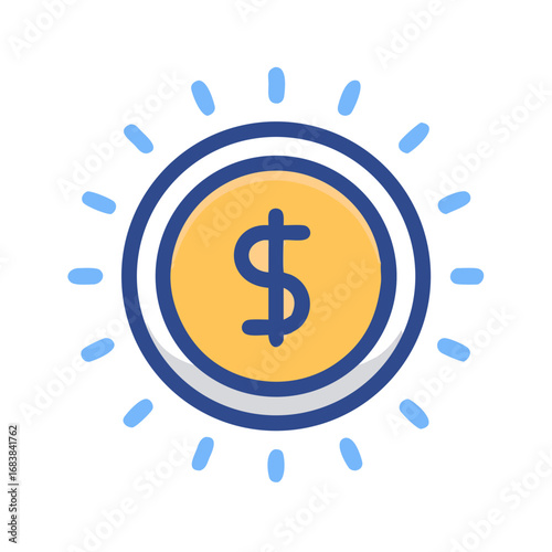 Coin with dollar sign radiating light on black background