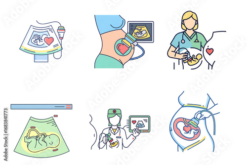 Ultrasound scans and doctors monitoring pregnancy for prenatal healthcare.