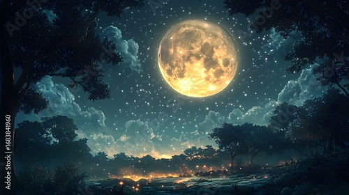 A serene forest landscape bathed in the soft glow of a luminous full moon and a myriad of stars.