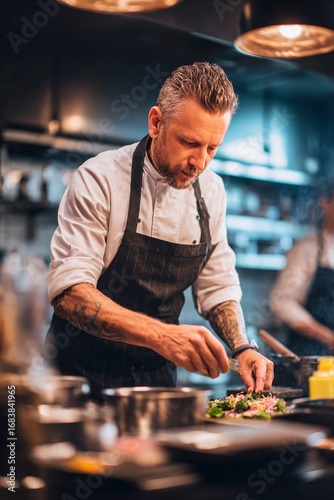 A skilled chef expertly garnishes a dish with fresh ingredients in a contemporary kitchen. The atmosphere is bustling as dinner service peaks, showcasing culinary artistry