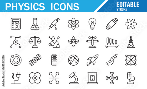 Editable Physics Education Icons for Scientific Research and Technology