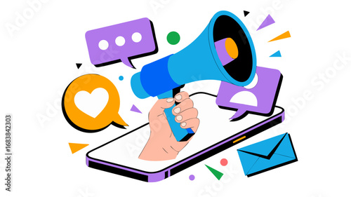 Vibrant illustration of a hand holding a megaphone emerging from a smartphone with speech bubbles, perfect for marketing and social media campaigns