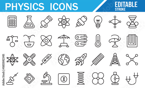 Set of Physics Icons for Science, Education, and Scientific Research