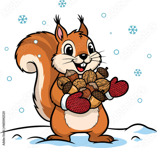 Happy Winter Squirrel with Acorns and Mittens