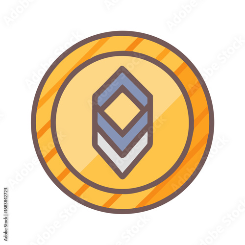 Golden cryptocurrency token with geometric symbol on black background