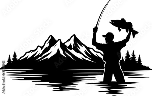 "Mountain Lake Fishing Silhouette Design"