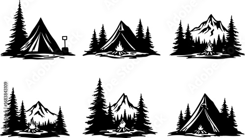Vintage Camping Scene Silhouette Set"