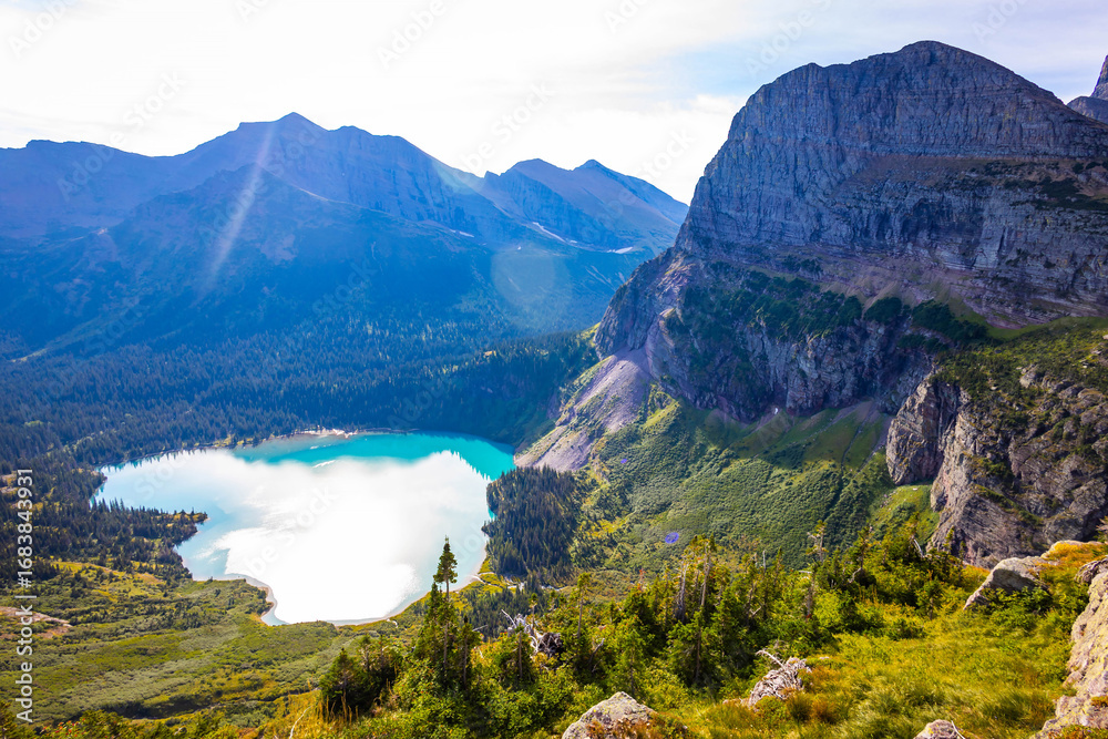 Fototapeta premium Turquoise Grinnell lake from the Grinnell trail at Many Glacier