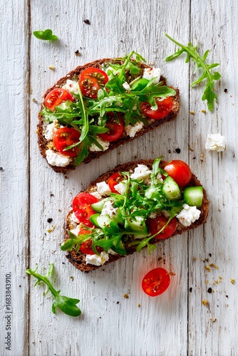 Foto Two slices of whole grain bread are generously layered with fresh arugula, cherr