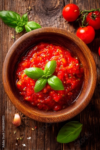 A vibrant tomato sauce crafted from ripe tomatoes, fresh basil, and garlic is presented in a rustic wooden bowl. Surrounding ingredients enhance the natural flavors