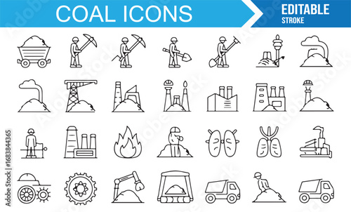 Vector stroke coal icons pack with geology, infrastructure, factory, shovel, and heavy machinery