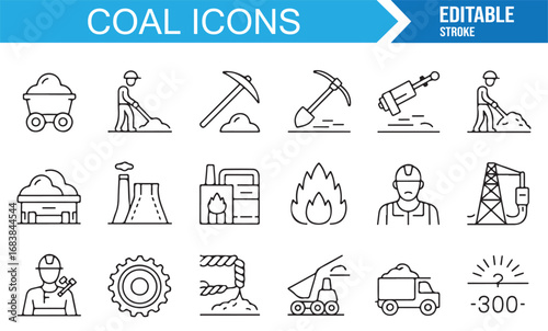 Editable stroke coal icons set with dump truck, excavator, gear, mining worker, and industry tools