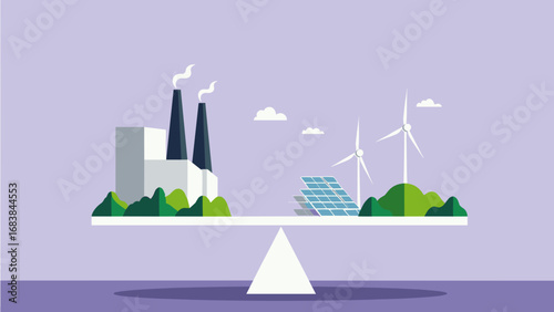 Balance Scale Illustration – Factory vs Sustainable Energy with Wind Turbine, Solar Panels, and Greenery