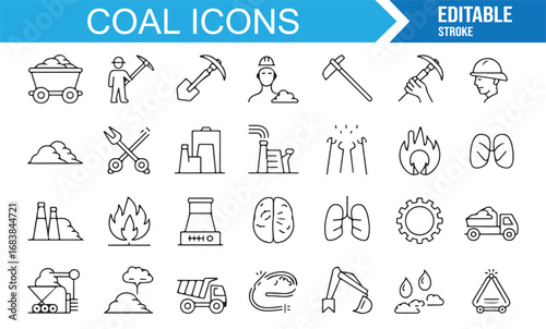 Modern stroke coal icons featuring extraction, excavation, production, and factory equipment